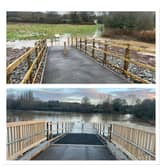 Before and after: photos of the Newbold Comyn country park and nature reserve side of the footbridge taken yesterday morning and this morning (Tuesday January 7) to show how badly that side of the bridge and the area surrounding has flooded in 24 hours due to recent snow and heavy rainfall. Pictures supplied.