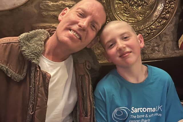 Morgan and his dad Matt Gaby who previously shaved his head to raise money for Sarcoma UK