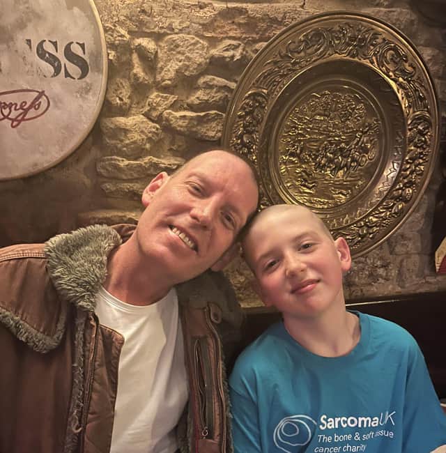 Morgan and his dad Matt Gaby who previously shaved his head to raise money for Sarcoma UK