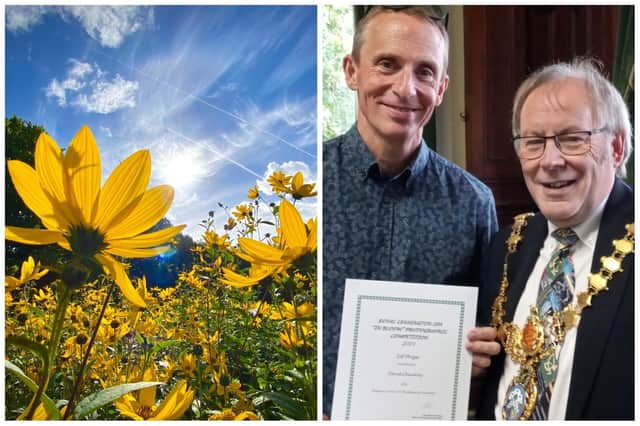 Left: David Chantrey's winning photo, titled ‘Hidden Corner of Christchurch Gardens’. Right: David receives his award from Leamington Mayor Cllr Alan Boad.