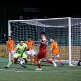 Action from Rugby Borough's 1-0 win over Burton Park Wanderers on Monday night. Picture courtesy of Brian Dainty Photography