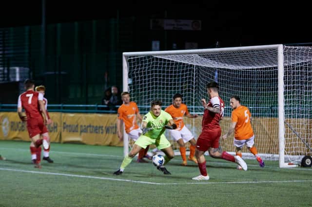 Action from Rugby Borough's 1-0 win over Burton Park Wanderers on Monday night. Picture courtesy of Brian Dainty Photography