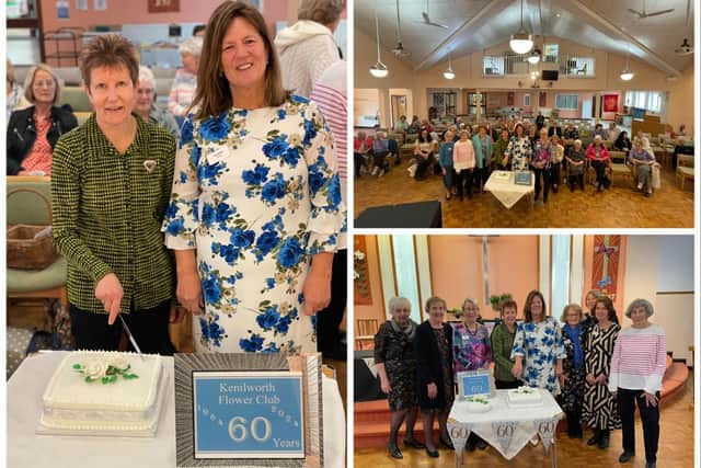 Kenilworth Flower Club marked its 60th anniversary this week. Left shows; Gail Williams (left) vice chairman NAFAS South Midlands and Sherry Whorlow (right) chairman Kenilworth Flower Club with the cake, top right shows; Kenilworth Flower Club committee and NAFAS VC behind the cake and bottom right shows; (left to right) Susanne Hall, Janet Scott, Gail Barnett, Gail Williams (NAFAS), Sherry Whorlow, Lesley Middleton, Sadie Dobson, Diane Carhill, Alison Cook. Photos supplied