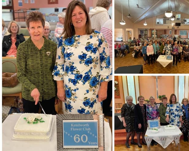 Kenilworth Flower Club marked its 60th anniversary this week. Left shows; Gail Williams (left) vice chairman NAFAS South Midlands and Sherry Whorlow (right) chairman Kenilworth Flower Club with the cake, top right shows; Kenilworth Flower Club committee and NAFAS VC behind the cake and bottom right shows; (left to right) Susanne Hall, Janet Scott, Gail Barnett, Gail Williams (NAFAS), Sherry Whorlow, Lesley Middleton, Sadie Dobson, Diane Carhill, Alison Cook. Photos supplied