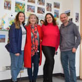 Anna Kovkova, Kym Bromley, volunteer and administrator for UK Homes for Ukrainians, Iryna Vasylyshyn and Cllr Simon Ward at the display of arts and crafts at Rugby Art Gallery and Museum.
