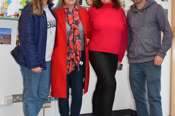 Anna Kovkova, Kym Bromley, volunteer and administrator for UK Homes for Ukrainians, Iryna Vasylyshyn and Cllr Simon Ward at the display of arts and crafts at Rugby Art Gallery and Museum.
