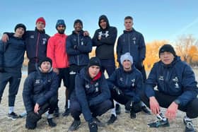 Lewis Williams (far right) with his Team GB teammates while training. Picture supplied.