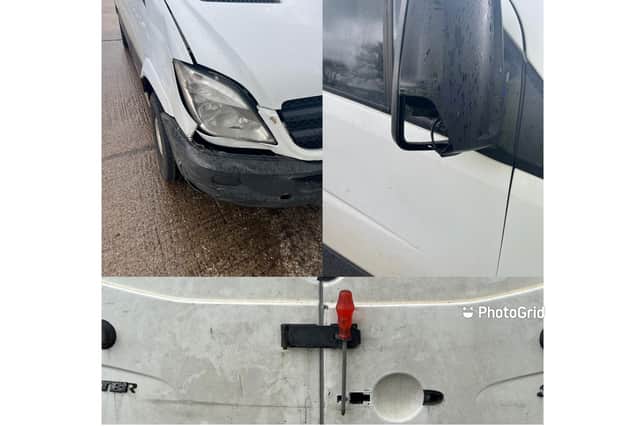The driver of this dangerous van near Rugby, who was using a screwdriver to keep the back door shut, has been warned by police not to drive the vehicle until it is safe and roadworthy.