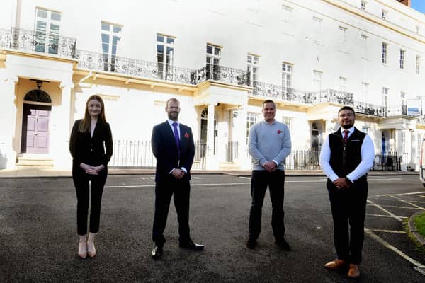 Emma Spark and  Chris Parsons, of The Wigley Group, Tom Bromwich, of Bromwich Hardy and Louis Washington Smith of The Wigley Group outside 11 Waterloo Place in Leamington. Picture submitted.