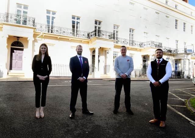 Emma Spark and  Chris Parsons, of The Wigley Group, Tom Bromwich, of Bromwich Hardy and Louis Washington Smith of The Wigley Group outside 11 Waterloo Place in Leamington. Picture submitted.