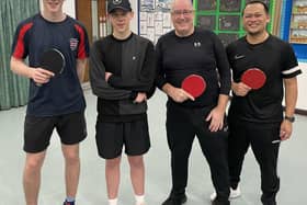 Alex Bosworth and Sam Groom of FC I with Ian Ogden and Diosdado Alferez of Radford A