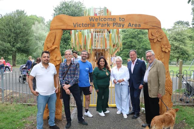 In front of the entrance to the new play area – Councillor Naveen Tangri, David Adams (Friends of Victoria Park), Rob Heard (Kompan), Councillor Mini Kaur Mangat (Chair of WDC), Councillor Moira-Ann Grainger, Councillor Andrew Day, Councillor Bill Gifford. Picture courtesy of Warwick District Council.