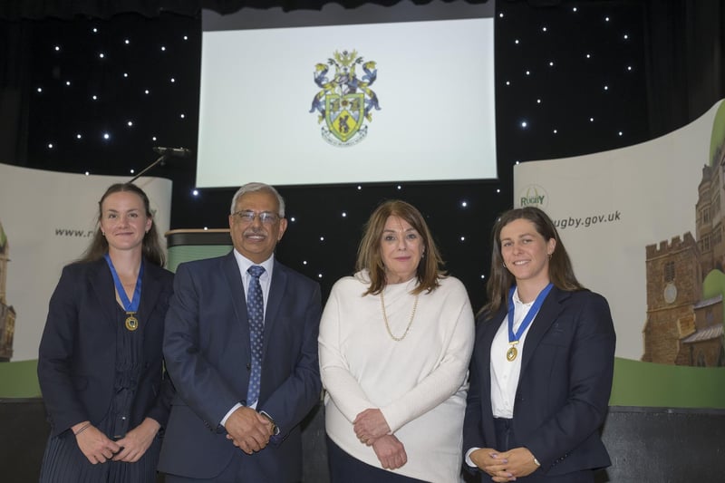 Lauren Henry, Cllr Ish Mistry, deputy leader of Rugby Borough Council, Cllr Maggie O’Rourke, the council’s portfolio holder for partnerships and wellbeing, and Kimberely Woods at the Freedom of the Borough presentation at the Benn Hall.