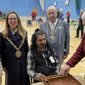 John Parkinson,Rotary District Govenor, former Mayor Carolyn Watson-Merett, Kiesh (participant) Keith Ward, President of Rotary club of Rugby and Bruce Undy (helper)