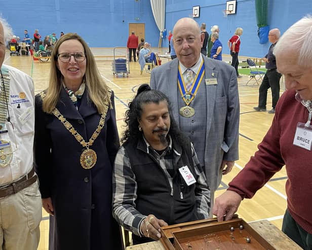 John Parkinson,Rotary District Govenor, former Mayor Carolyn Watson-Merett, Kiesh (participant) Keith Ward, President of Rotary club of Rugby and Bruce Undy (helper)