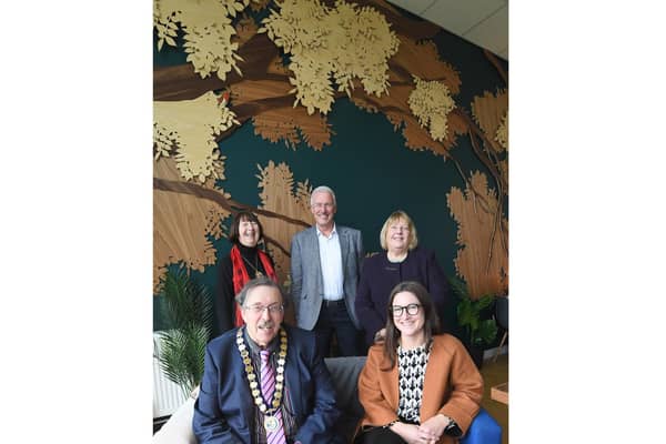 Back, from the left, Warwick District Council Vice Chairman Councillor Sidney Syson, Alistair Clark from AC Lloyd, Whitnash Town, District and County Council Cllr Judy Falp. Front, from the left, Whitnash Mayor Cllr Barry Franklin, artist Lucy Tomlins.