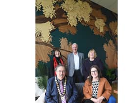 Back, from the left, Warwick District Council Vice Chairman Councillor Sidney Syson, Alistair Clark from AC Lloyd, Whitnash Town, District and County Council Cllr Judy Falp. Front, from the left, Whitnash Mayor Cllr Barry Franklin, artist Lucy Tomlins.