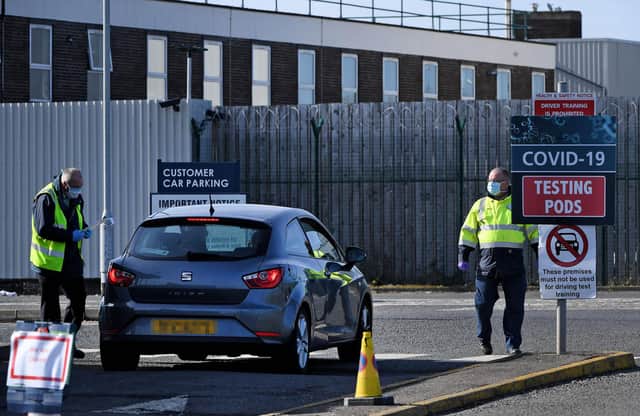 An MOT testing centre in Belfast, Northern Ireland, which is being used as a drive through testing location for Covid-19, as the UK continues in lockdown to help curb the spread of the coronavirus.