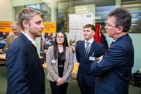 Photo shows: Erin Purewal, Jeremy Wright MP for Kenilworth, Gaydon and Southam in Warwickshire and Frazer Balzan. Photo supplied by JLR