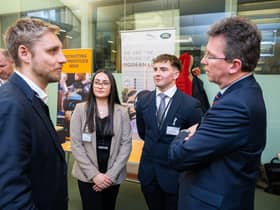 Photo shows: Erin Purewal, Jeremy Wright MP for Kenilworth, Gaydon and Southam in Warwickshire and Frazer Balzan. Photo supplied by JLR