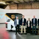 (l-r) Jim Sargent (UPS), Michael Talbot (CCAV), Mal Mutton (Lord Mayor of Coventry), Prof. David Keene, Dr. Richard Fairchild (both Aurrigo International), Katie Anderson (UPS) and Matt Nicholson (UPS)