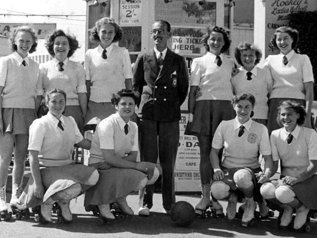 The Skatecades. Sent in by Anne Kerridge we see the Southsea netball Team. Anne is third from the left and the man in the blazer is Wally Mould the team coach.