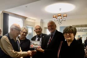 Rusty with RAFA chairman Stuart Powney and Treasurer Patrick Fitzgerald and his daughters Alison and Kathryn Rusty with daughters Alison and Kathryn Rusty and his cake. Picture supplied.