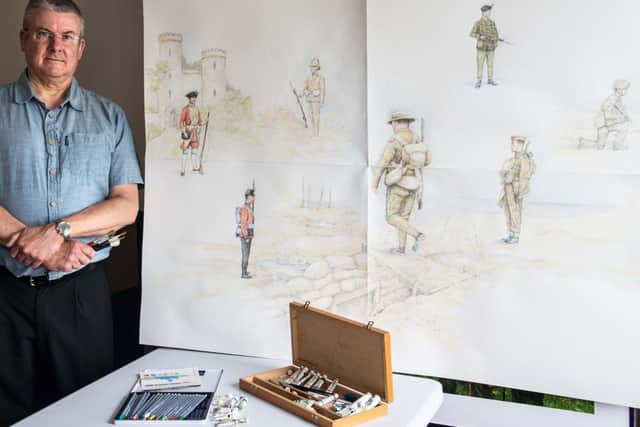 Professional illustrator, Chris Tipping, has created a giant backdrop dotted with examples of soldiers of the regiment throughout its 350-year history. history.  As part of the admission into the museum, young people will be invited to create their own cut-out soldiers of any period of the regiment to be added to the landscape. Photo by Gill Fletcher