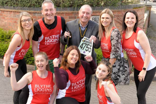Caption: Kenilworth Rotary president Philip Southwell with some of the Blythe Liggins running team who will be taking part in this summer’s Two Castles 10k. He was joined by: (back row, left to right) Louise Hunt, Paul England, Sophie Godfrey and Claire Kirwan; (front row, left to right) Sarah Toon, Stephanie Eaton and Emma White.
