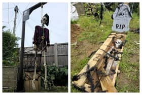 Rugby dad David Bingham has decorated his front garden with giant cobwebs and creepy skeletons crawling out of their graves.
