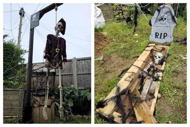 Rugby dad David Bingham has decorated his front garden with giant cobwebs and creepy skeletons crawling out of their graves.