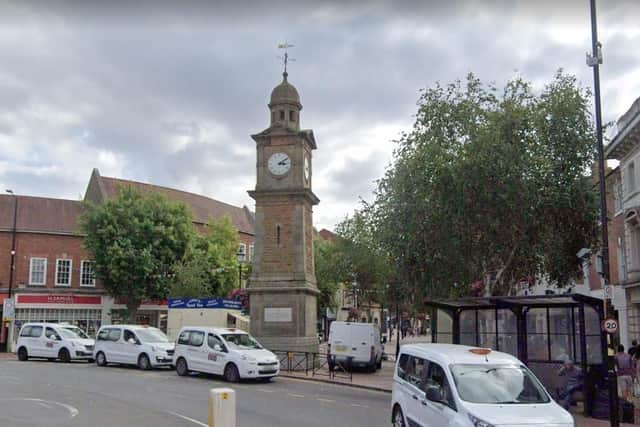 It was just people fooling around for April 1... there really is no threat to Rugby's historic clock tower. Photo: Google Street View.