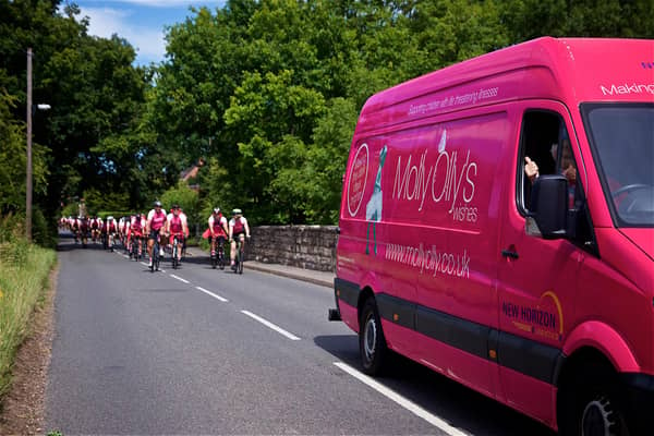 The riders took part in a three-day challenge, cycling from York through The Pennines and Derbyshire before arriving at The Durham Ox in Shrewley in aid of Molly Ollys. Photo by Dave Fawbert