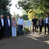 Pictured in the Mill Gardens; Dr Liv Coelho and Almir Coelho, Everest Clinic, Nick Evans- Executive Head Teacher and Ella Billiald- teacher at Evergreen School, Cllr Will Roberts, Tom Jelley, Widgit, Sally Watts (WDC), Jonathan Sullivan, Widgit, Richard Hales, Vice Chair of Governors at Evergreen School. Photo supplied by Warwick District Council