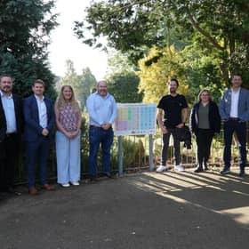 Pictured in the Mill Gardens; Dr Liv Coelho and Almir Coelho, Everest Clinic, Nick Evans- Executive Head Teacher and Ella Billiald- teacher at Evergreen School, Cllr Will Roberts, Tom Jelley, Widgit, Sally Watts (WDC), Jonathan Sullivan, Widgit, Richard Hales, Vice Chair of Governors at Evergreen School. Photo supplied by Warwick District Council
