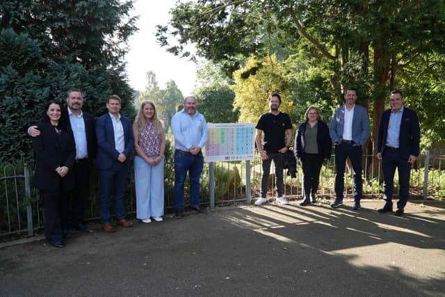 Pictured in the Mill Gardens; Dr Liv Coelho and Almir Coelho, Everest Clinic, Nick Evans- Executive Head Teacher and Ella Billiald- teacher at Evergreen School, Cllr Will Roberts, Tom Jelley, Widgit, Sally Watts (WDC), Jonathan Sullivan, Widgit, Richard Hales, Vice Chair of Governors at Evergreen School. Photo supplied by Warwick District Council