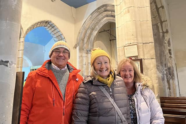 Malcolm Lewis, Andrea Hughes and Maggie Beech pictured inside the historic St Nicholas Church in Willoughby, where work to renew the nave roof has also triggered wide-ranging celebrations of the village's heritage.