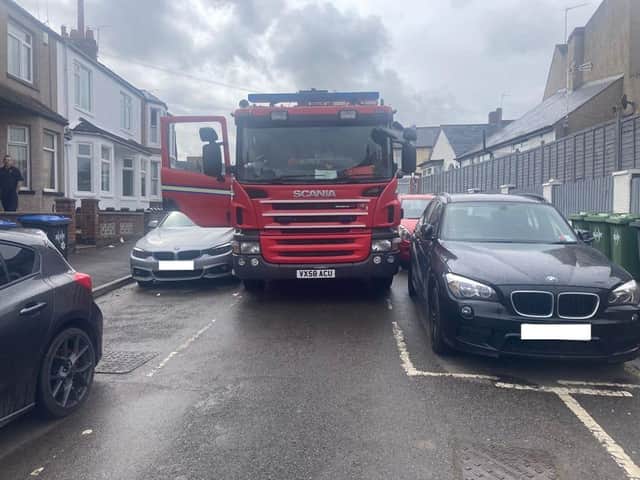 Firefighters took this picture of an appliance on Holbrook Avenue today, April 13, demonstrating just how cramped some roads in the town are. Photo credit: Rugby Fire Station, Facebook.