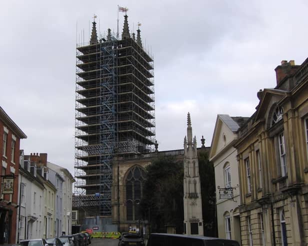 St Mary's Church when the scaffolding was put up to the top of the tower in February 2023. Photo by Geoff Ousbey