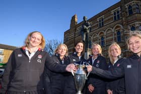 Flashback to 2014 - (left to right) England stars Tamara Taylor, Ceri Large, Sarah Hunter, Alex Matthews, Danielle Waterman and Natasha Hunt visited Rugby to accept the Freedom of the Borough just weeks after winning the Women's Rugby World Cup.
