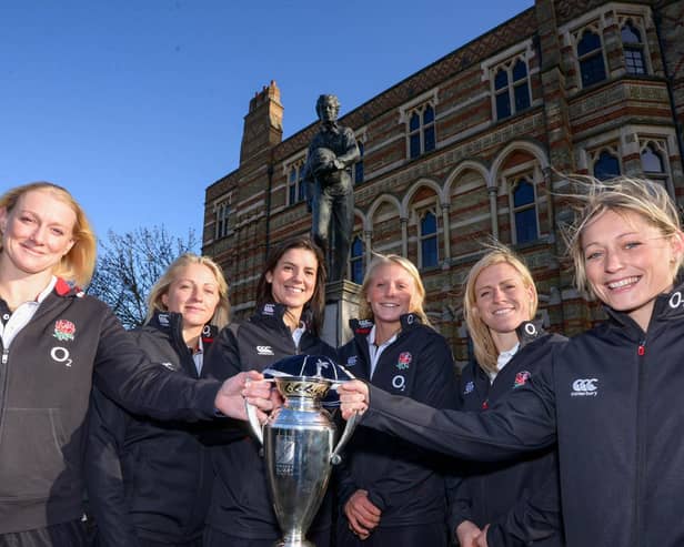 Flashback to 2014 - (left to right) England stars Tamara Taylor, Ceri Large, Sarah Hunter, Alex Matthews, Danielle Waterman and Natasha Hunt visited Rugby to accept the Freedom of the Borough just weeks after winning the Women's Rugby World Cup.