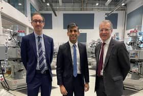 Cllr Yousef Dahmash, Prime Minister Rishi Sunak and Mark Pawsey MP at the MTC in Ansty