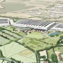 An artist's impression of how the proposed HQ would fit into the countryside at Ansty.