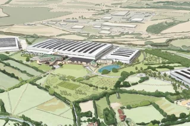 An artist's impression of how the proposed HQ would fit into the countryside at Ansty.