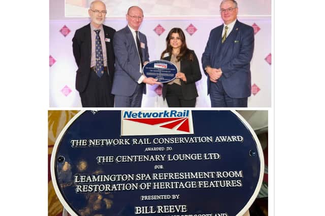 Top (L-R) Bill Reeves, Director of Rail at Transport Scotland Aasia Baig, Founder and Managing Director of Centenary Lounge, Tom Higginson, Director Planning at Network Rail, Andy Savage, Chair of the Railway Heritage Trust.
Bottom: The award plaque.