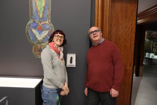 Graham Senior, finder of the stone, with Ali Wells, exhibition curator at the Herbert Art Gallery and Museum in Coventry. Photo by The Herbert Art Gallery and Museum.