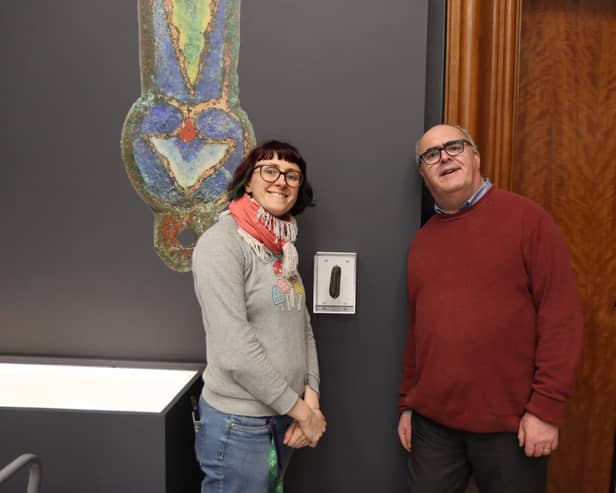 Graham Senior, finder of the stone, with Ali Wells, exhibition curator at the Herbert Art Gallery and Museum in Coventry. Photo by The Herbert Art Gallery and Museum.