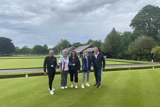 From left to right Manoj Sonecha (WDC), Jane Wigman (RLS Bowls Club), Ann Hill (WDC), Nicola Mills (WDC) and Cllr Andrew Day.