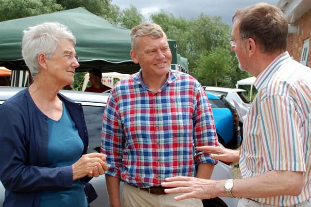 BBC Countryfile presenter Tom Heap with Stratford-District Council leader Cllr Susan Juned (left) and deputy leader Cllr Nigel Rock (right) at the Napton Eco Fair. Picture courtesy of Stratford District Council.