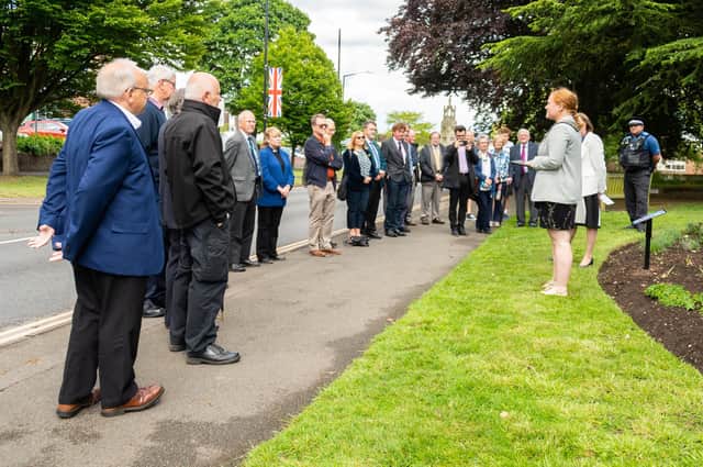 Sam Cooke (Mayor of Kenilworth), Jon Holmes (sculpture artist) and Sidney Syson (vice chair of Warwick District Council) conducted an unveiling of a new Covid sculpture to honour those who died in the pandemic, at Jubilee House.